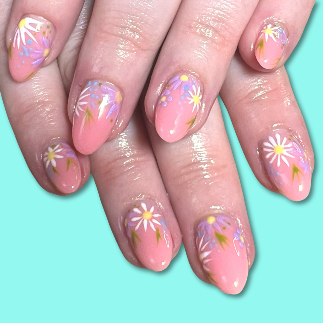 Press On False Nail Set with colourful floral nail art design. bespoke nail sets made to order in sizes small, medium, large or custom nail sizes