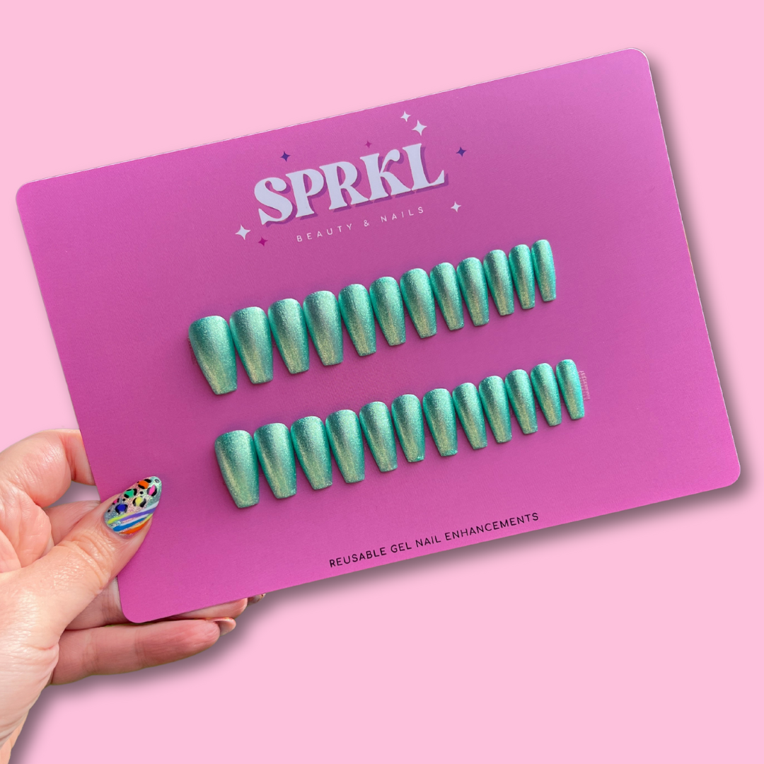 Press On False Nail Express Set with two of every nail painted in a shimmery mermaid green