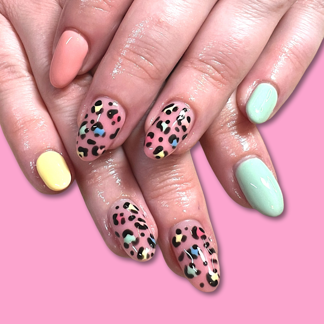 Press On False Nail Set with colourful pastel leopard feature nails design. bespoke nail sets made to order in sizes small, medium, large or custom nail sizes